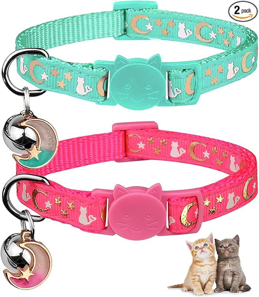 Baeuppit 2PCS Breakaway Cat Collars with Bell Cute Kitty Glow in The Dark Adjustable Kitten Collars 7.9-13.0 Inch(Teal&Pink)