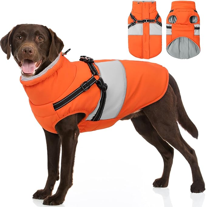 Dog Coat, XXXL Dog Jacket Winter with Harness Built in, Waterproof Pet Snow Jacket with Furry Collar for Chilly Day, Reflective Fleece Snowsuit for Extra Large Dogs, Orange 3XL