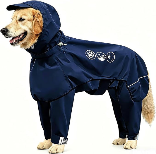 Dog Raincoat, Full-Body Hooded All-Weather Jacket, Waterproof and Windproof with Reflective Strips, Suitable for Large Dogs, XL