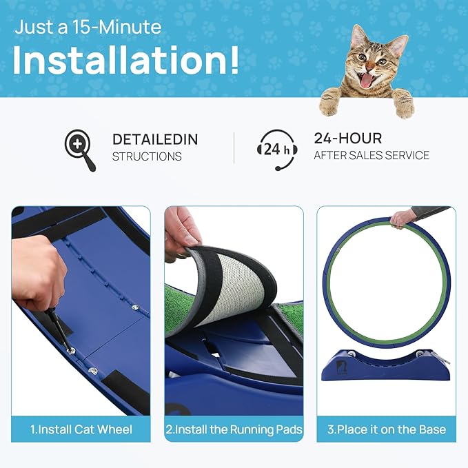 Cat Exercise Wheel, 47.2 Inch Indoor Treadmill for Cats with Carpeted Runway, Screw-Fixed Assembly for Easy Setup, Silent & Safe Fitness Equipment for Most Cats