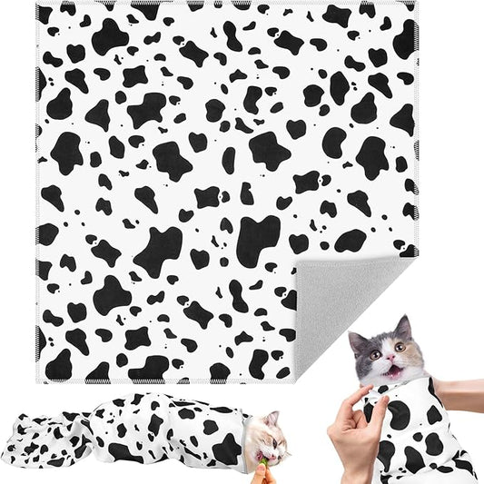 21.7" Cat Grooming Wrap for Cutting Nails, Cow Pattern Self-Adherent Fabric Wrap for Cats, Anti-Scratch Anti-Escape Multifunctional Cat Swaddle Tool for Teeth Brushing, Ear Cleaning