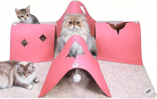 35.4" Large Interactive Felt Cat Activity Play Mat – Ripple Style Hide & Seek Tunnel with Hanging Ball, Foldable Snuffle Mat for Indoor Cats, Kittens, Rabbits, Small Pets, Pink