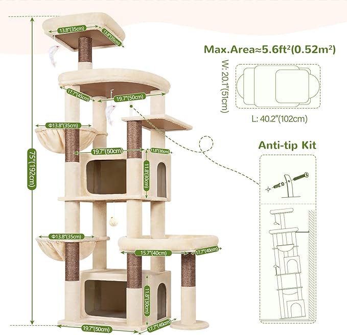 Globlazer 75in Sturdy Cat Tree for Large Cats, Heavy Duty Multi-Level Cat Tower for Indoor Cats with Extended Platform, 2 Spacious Condos, 2 Padded Perches, 6 Sisal Scratching Posts, S75, Beige