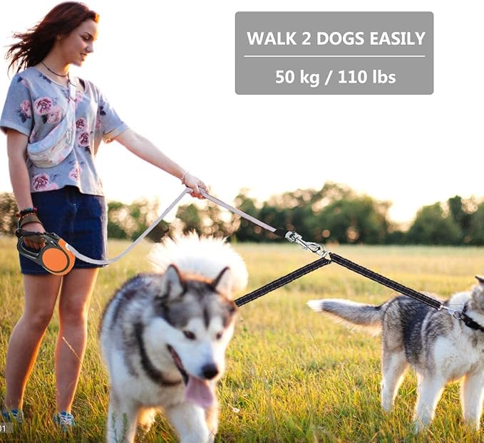 Dual Retractable Dog Leash for Large Dogs (Up to 110 Lbs Each) - Double Headed 18.5 ft Extendable Pet Leash with Poop Bags, Non Slip Grip - One Button Break & Lock, 360 Tangle-Free (Blue, Large)