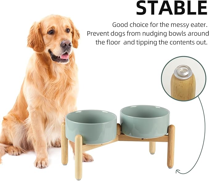 Havniva 7.3inch Ceramic Raised Dog Bowl with Stand, Double Dog Bowls Elevated for Medium Breed Dog Food and Water Bowl Set Non-Slip Dog Dish Large Capacity Feeding Pet Water Bowl