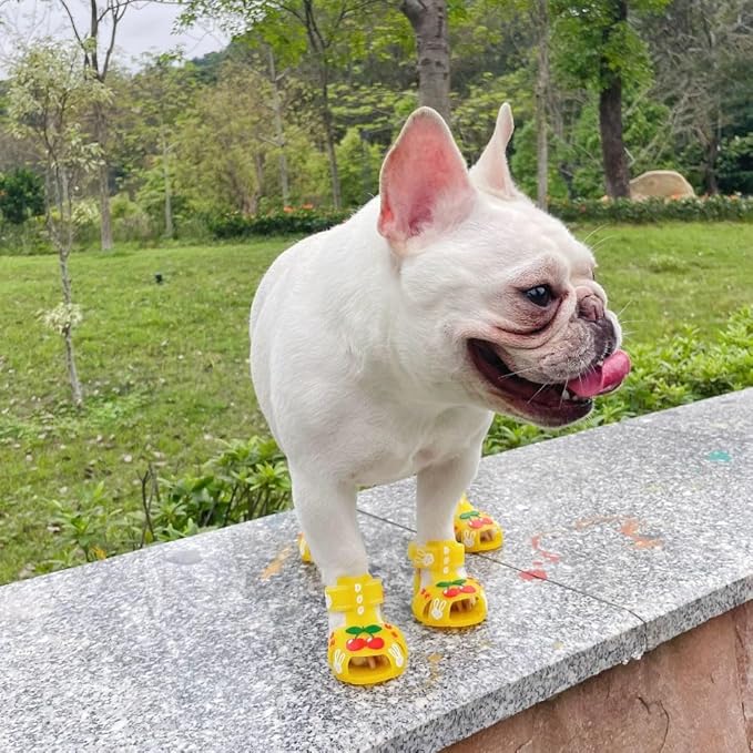 Cute Summer Dog Shoes Sweet Cherry Puppy Sandals Pet Jelly Shoes Flats, Dog Booties Paw Protector for Summer Hot Pavement (Candy Yellow, #4: 2.28''x1.73''(Length*Width))