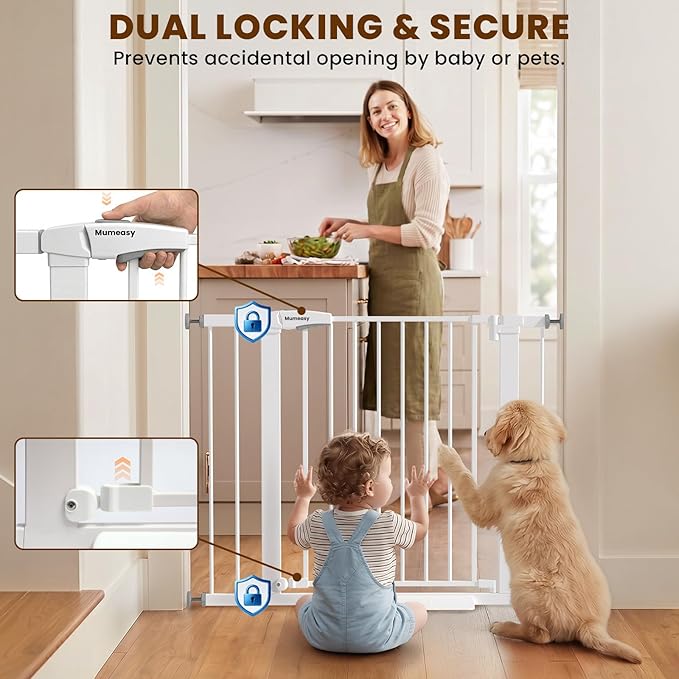 Mumeasy 29.7-40.6" Baby Gate for Stairs, Auto Close Dog Gate for Doorways, Pressure Mounted No Drill Pet Gate with Easy Walk Thru Door, Double Lock, White