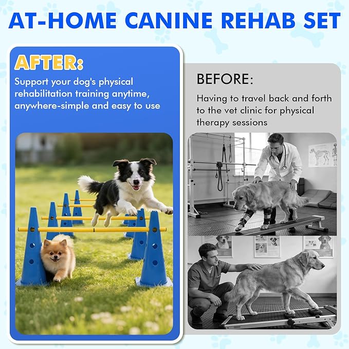 Wdmiya Dog Agility Course Backyard Set with Height Adjustable Crossbar, Dog Agility Training Hurdle Cone Set, 18.9" Dog Agility Equipment for Rehabilitation, Obedience, Starter - 6 Poles & 12 Cones