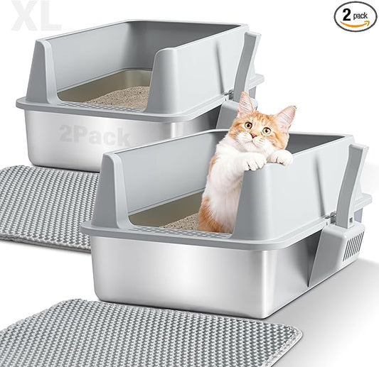 2 Pack Stainless Steel Litter Box,XL Metal Cat Litter Box with Lid High Sides,Extra Large Litter Box for Big Cats,Odor-Resistant, Scratch-Proof, Easy to Clean,Scoop &Mat Included