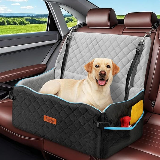 Large Dog Car Seat, Dog Car Bed for Large Dogs Under 60 lbs or 2 Small Breeds, Comfortable Pet Booster Seat with Soft Foam Thick Cushion, Detachable & Washable Pet Bed for Backseat, Black+Grey