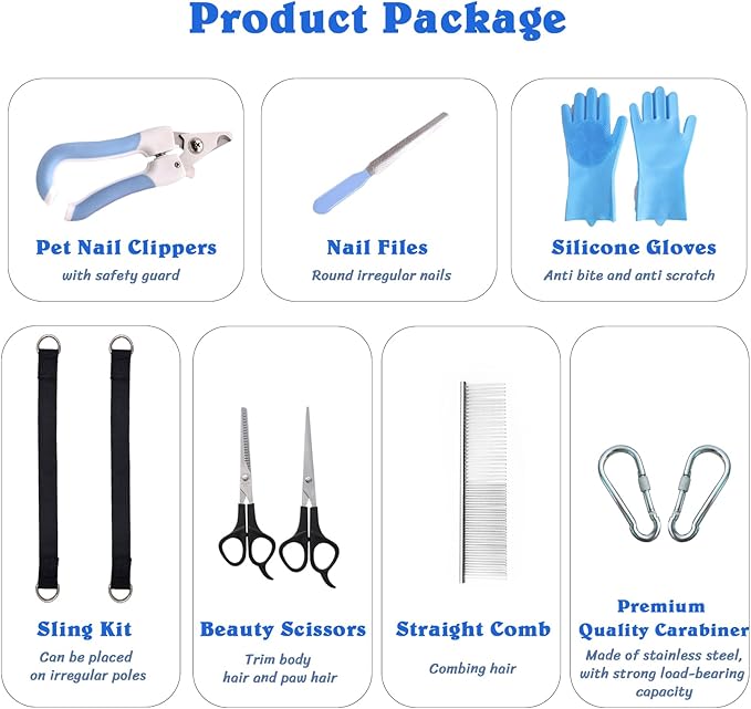 10-in-1 Pet Grooming Hammock Kit with Nail Clippers, Grooming Scissors, Comb, Gloves & Adjustable Harness for Cats & Dogs, for Nail Trimming, Bathing & Pet Grooming Helper