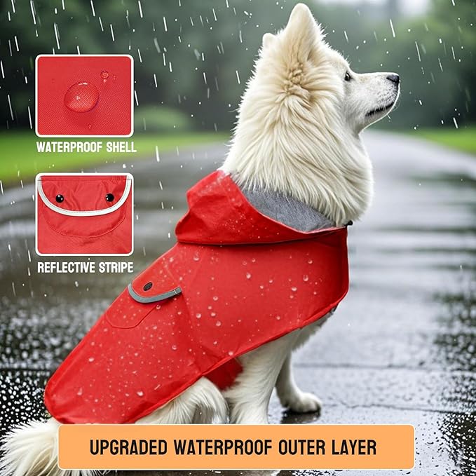 Dog Raincoat Dogs Rain Jacket Reflective Poncho Rainwear Waterproof Pet Clothes Pocket Breathable Lined Hooded Leash Hole Adjustable Small Medium Dogs,Red,XXL,Back Length 16.9 Inch