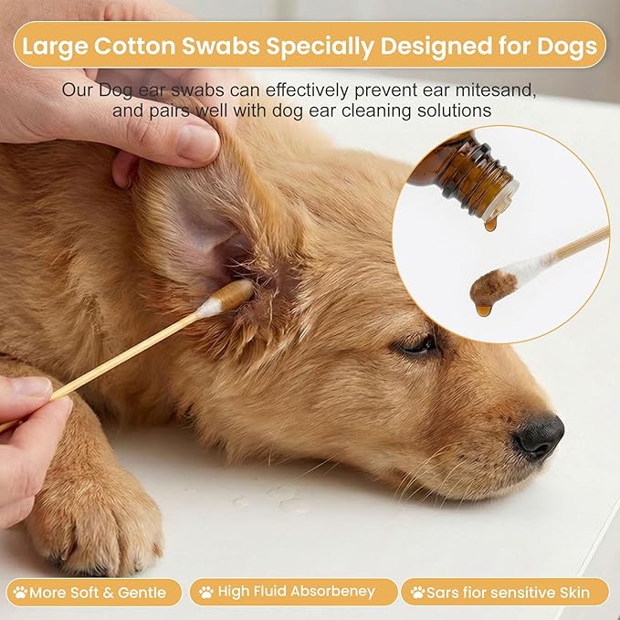 200pcs Large Cotton Swabs with Storage Case, 6 Inch Long Dog Ear Swabs Jumbo Size, Gentle & Lint-Free Pet Ear Cleaning Swabs with Bamboo Handle, Compatible with Dog Ear Cleaner Tool