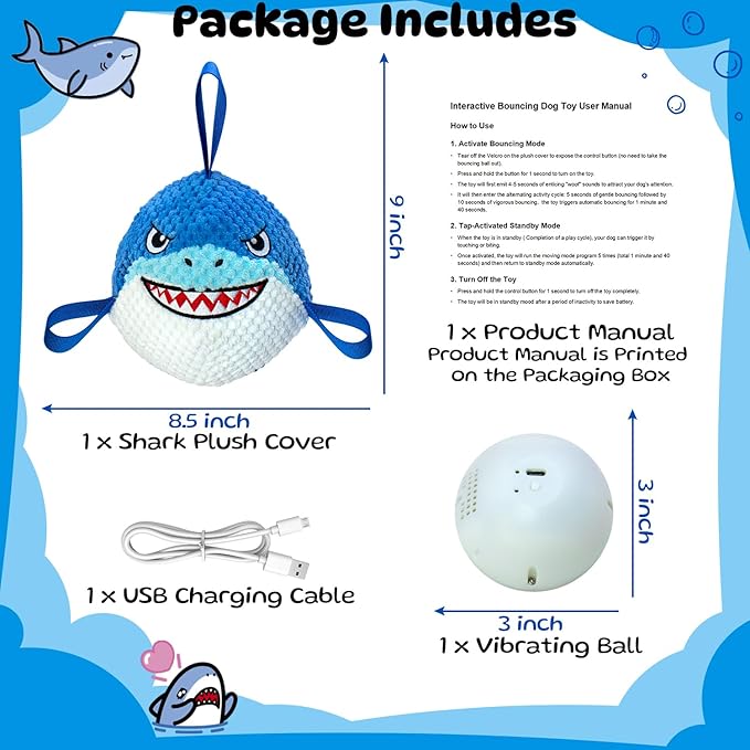 Interactive Dog Toys Bouncing Ball, USB Rechargeable Jumping Squeaky Dog Toy to Keep Them Busy, Fun Moving Toy for Active Dogs, Ideal for Indoor Play, Not for Aggressive Chewers (Blue Shark)