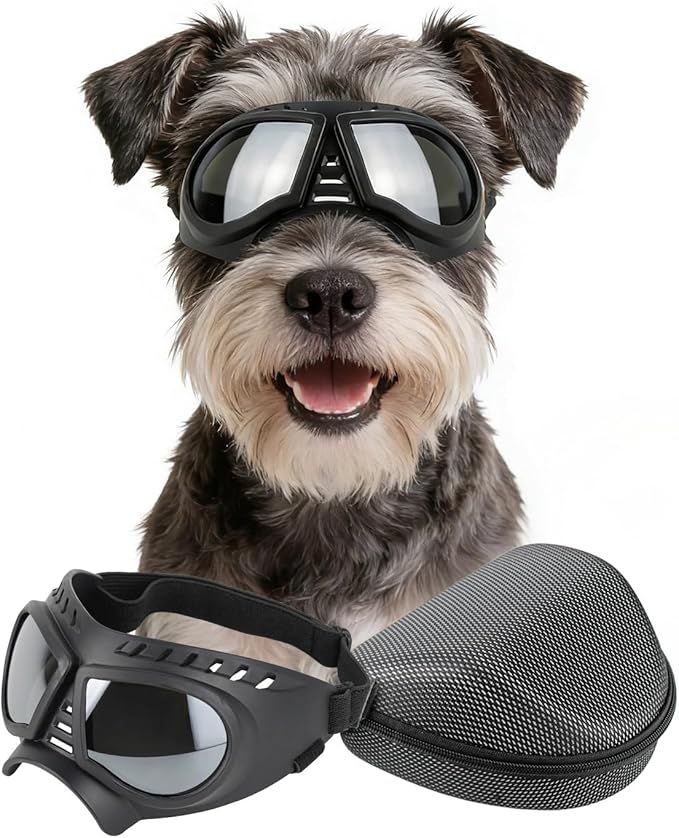 Dog Goggles for Small to Medium Breeds, Small Dog Sunglasses UV Protection Windproof Snowproof, Outdoor Driving/Riding/Hiking Eyes Wear, Soft Frame Adjustable Straps, Silver Lens