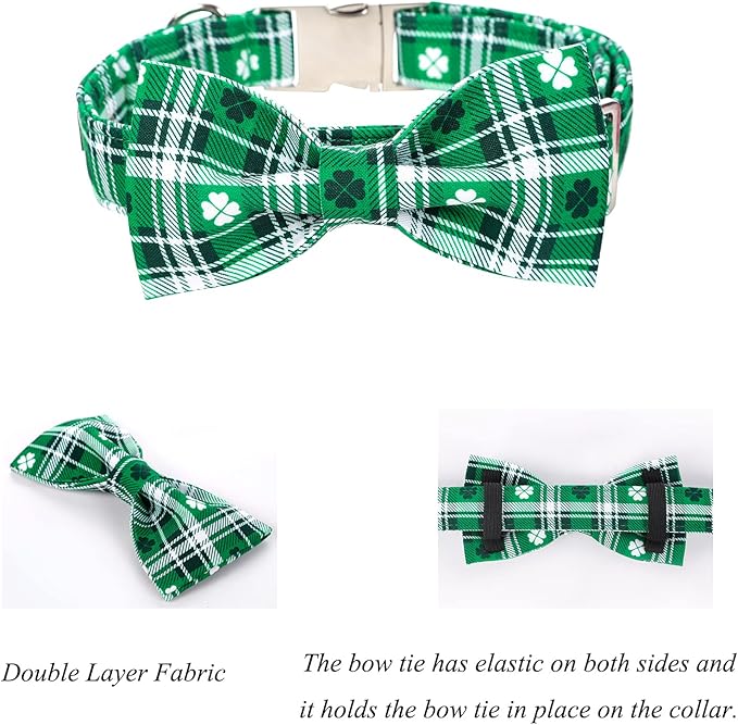 Lionet Paws St Patricks Day Dog Collar with Bowtie, Irish Green Shamrock Clover Bowtie Collar with Metal Buckle for Dogs and Cats, XS, Neck 8-12 in