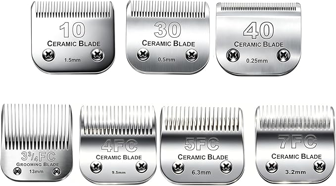 7Pack 10 Blades Dog Grooming Replacement Blades Compatible with Andis Pet Clipper/Oster A5/Wahl KM Series Dog Clipper,Ceramic Blade & Stainless Steel Blade (#10+30+40+3FC+4FC+5FC+7FC)