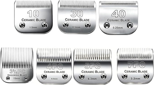 7Pack 10 Blades Dog Grooming Replacement Blades Compatible with Andis Pet Clipper/Oster A5/Wahl KM Series Dog Clipper,Ceramic Blade & Stainless Steel Blade (#10+30+40+3FC+4FC+5FC+7FC)