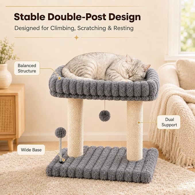 Cat Tree with Cat Scratching Post for Indoor Cats,Small Cat Tower with Soft Large Perch Bed Sisal Scratcher for Medium Cats and Kitten,Activity Play Centre Spring & Hanging Toy Balls,Grey