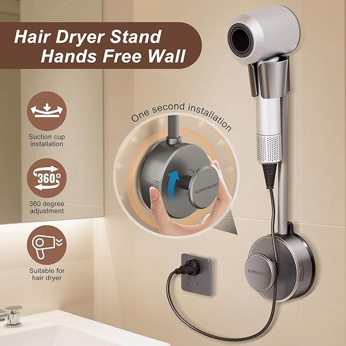 Hair Dryer Stand Hands Free Wall, 360 Adjustable Hose Positionable Arm and strong adhesive Suction Cup Hair dryer storage rack for Ceramic Tile (Grey 1Pack)