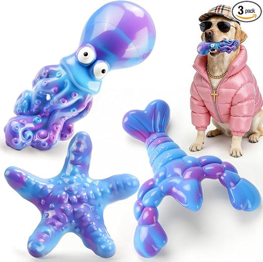 3 Pack Indestructible Dog Chew Toys for Aggressive Chewers: Ultra-Dense Nylon, Bacon Flavor Chew Bones, Heavy Duty Tough Toys for Large Dogs 20-90 lbs, Long Lasting & Keep Them Busy (XL Ocean)