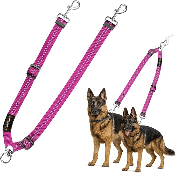 MingXpet Double Dog Leash for Two Dogs, No Pull Dog Leash, 360° Swivel No Tangle for Large Dogs Walking & Training, Shock Absorbing Reflective Bungee, Rose