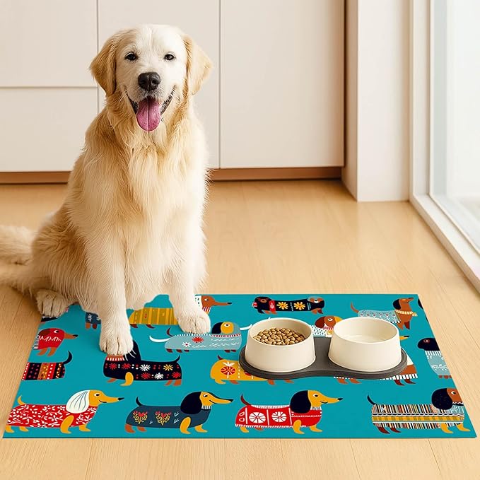 HOMETITUTE Dachshund Dog Design 24x16 inch Non Slip Dog Food Mat Pet Bowl Placemat for Food and Water Small Dog Bowl Mats Cat Food Mat Easy to Clean Feeding Mats for Small Pets Cute
