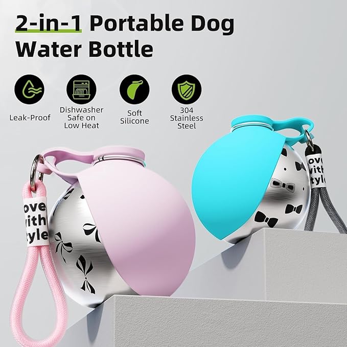 Portable Dog Water Bottle, 10 fl oz Stainless Steel Bottle & Silicone Bowl, Leak-Proof & Compact Puppy Travel Water Bottle with Lanyard, Water Dispenser for Walking Hiking Traveling, Unprinted, Pink