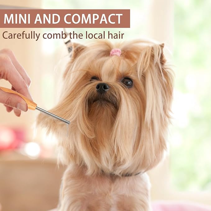 HOP Small Dog Comb with Wooden Handle Dog Eyes&Face Metal Comb Pet Fine Tooth Flea Comb Pet Grooming Tool for Dogs Cats Rabbits Guinea Pigs Gentle Remove Loose Hair Tangles Dirt Fleas