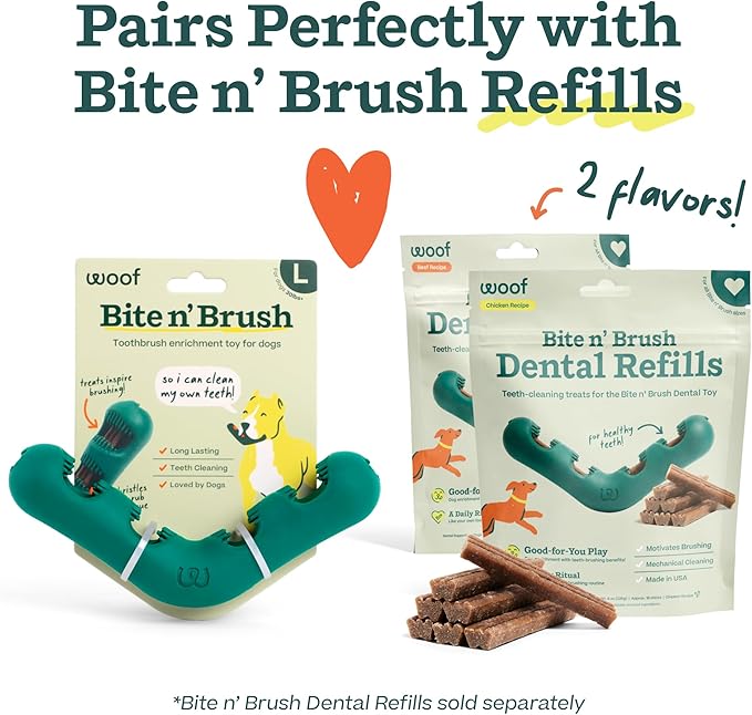 WOOF The Bite n' Brush - Dog Toothbrush Toy - Scrub Plaque and Tartar from Your Dog's Teeth and Mouth - Dog Dental Chew Toy - Large