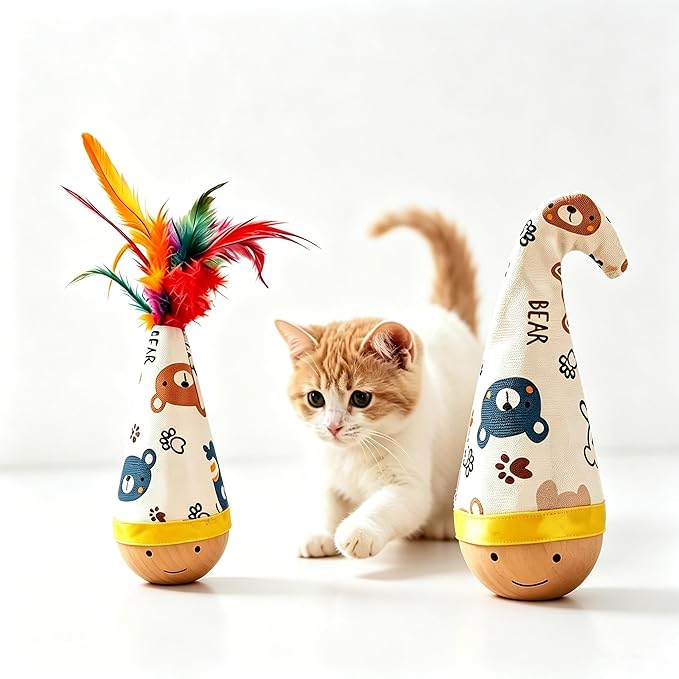 Natural Beechwood Cat Toy, 2-Pack Weeble Wobble Tumbler Toy for Indoor Cats & Small Dogs, Self-Righting Interactive Toy with Colorful Feathers, Silent Battery-Free Play for Solo Exercise