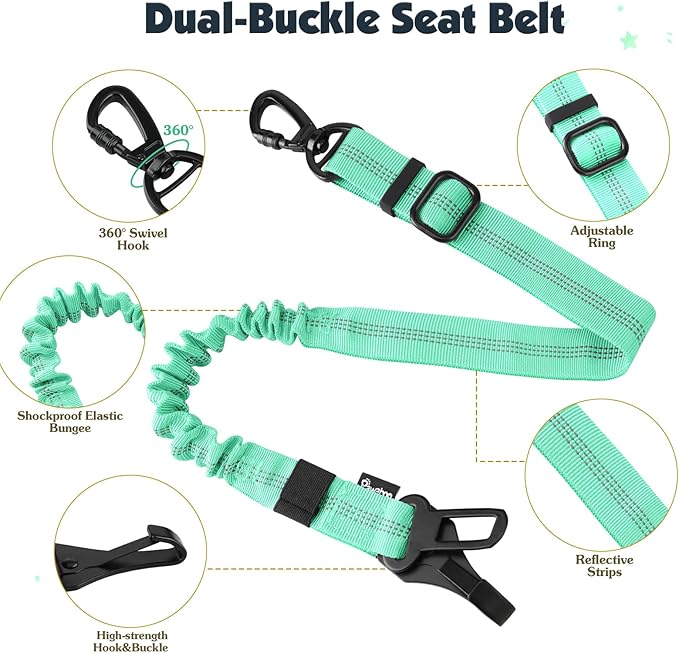 Pawaboo Dog Seat Belt Harness for Car, Dog Car Harness Seatbelt with Double Clips, Adjustable Breathable Pet Vest & Dogs Safety Tether with Elastic Bungee for Small Medium Large Pet, L, Blue + Black