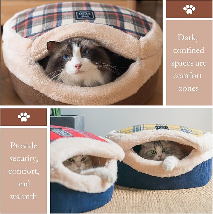 Cat Bed Cave – Enclosed Hideaway with Detachable Lid & Mat, Covered Round House for Indoor Kitten & Kitty (Snow)