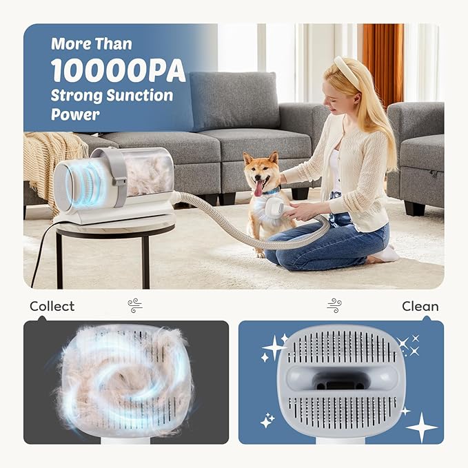 DUMOS Pet Grooming Vacuum Kit, 3 Adjustable Suction Modes, 5 Professional Grooming Tools with Cordless Low Noise Dog, 10000PA Cat Hair Clippers for Home Cleaning, 2.5L, Ivory