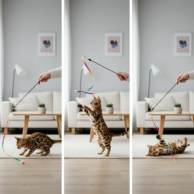 salbsever 5 PCS Cat Ribbon Toy, String Cat Toy, Interactive Colorful Teaser Wandstring with Rainbow Ribbon for Indoor Cats Exercise and Playtime