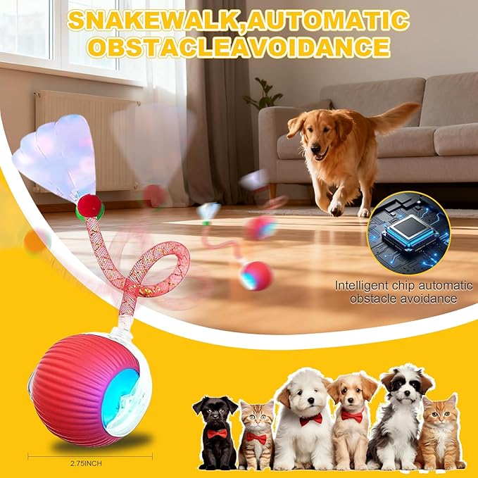 Interactive Cat Toys Ball for Indoor Cats＆Dogs,Automatic Cat Toy 360° Auto-Rotation Smart Obstacle Avoidance,Includes 4 Cat Spiral Spring,Cat Enrichment Toys for Indoor Cats (Red-1)