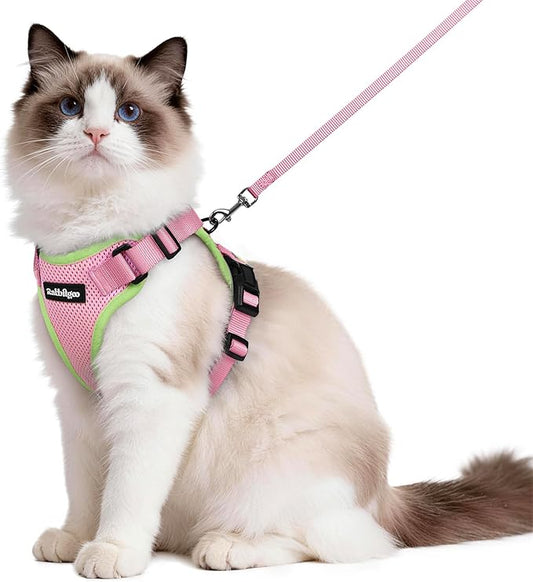 rabbitgoo Cat Harness and Leash Set, Escape Proof Vest Harness for Safe Outdoor Walks, Soft Breathable Adjustable Vest with Reflective Strips for Average to Large Cats, Pink & Light Green, M