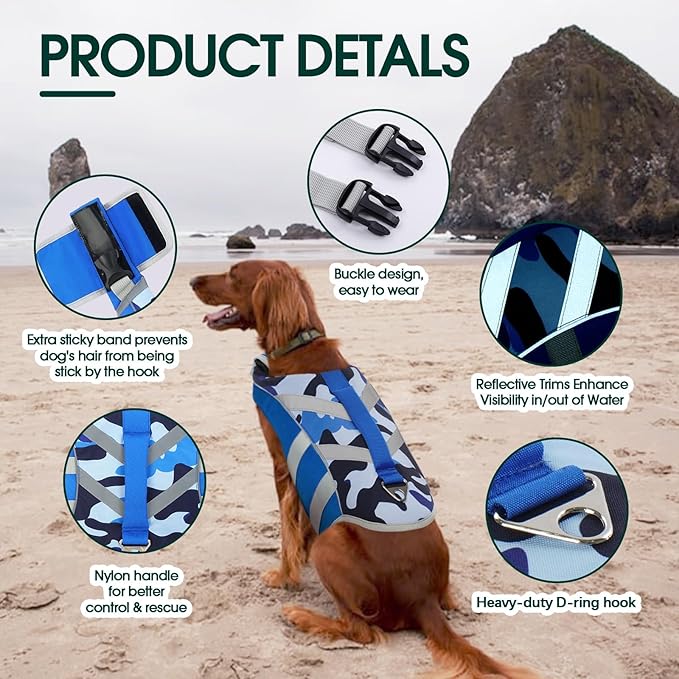 Kuoser Dog Life Jacket with Reflective Stripes, Dog Life Vest for Swimming Boating, Adjustable Pet Lifejackets with High Flotation, Doggie Swimsuit for Small Medium Large Dogs
