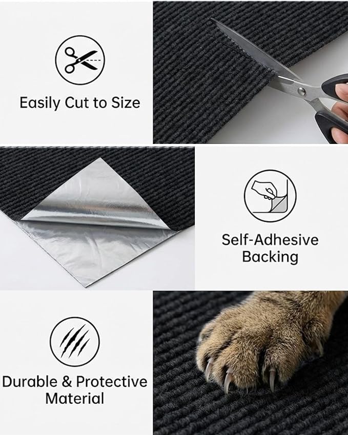 Corner & Wall Cat Scratch Mat, Self-Adhesive Trimmable Cat Scratcher, Wall Mounted Scratching Pad for Indoor Cats, Sofa Furniture Protector, Cat Post Cover Replacement (Black, 23.6''x11.8'', 3-Pack)