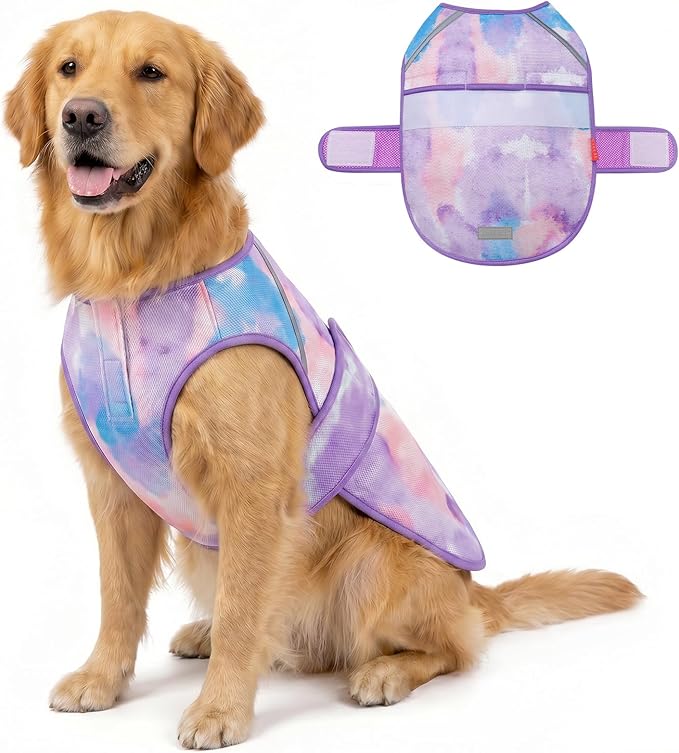 KYEESE Dog Cooling Vest, Lightweight Dog Cooler Jacket, 3D Breathable Mesh Pet Cooling Shirts for Summer with Reflective Stripe, Sun Protection Pet T Shirt for Beach, Hiking, Walking, Purple, 2XL