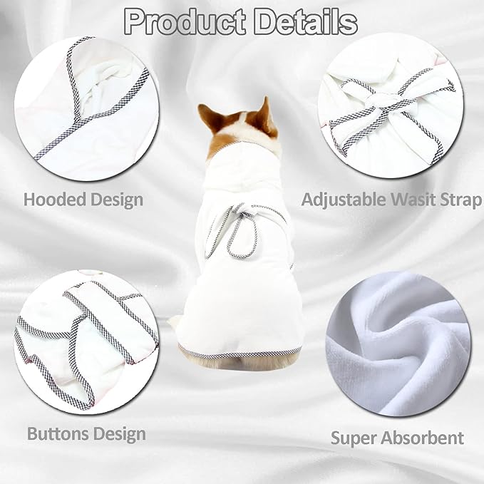 Dog Bathrobe, Microfiber Fast Drying Absorbent Hooded Bath Towel White for Puppy Small Medium Large Dog Cat (S, White)