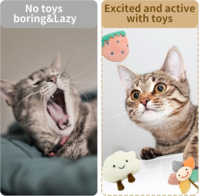 Kitten Chew Toys for Teething with Catnip – 3Pcs Bite Resistant Plush Cat Toys (Strawberry, Cloud Bell, Sunflower Stick)