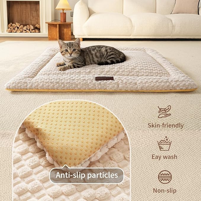 SOMAHE Cat & Dog Bed Mat, Soft Plush Flat Cat Bed with Non-Slip Bottom, 1.2" Thick All-Season Kneading Cushion, Machine Washable Pet Bed for Cats & Small Dogs 20×27Inch, Milk