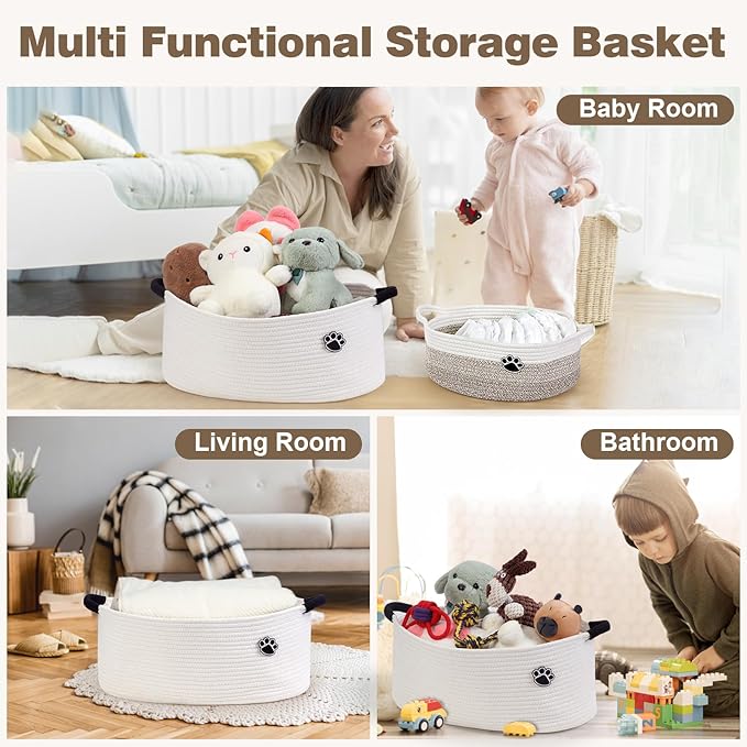 Optish Dog Toy Basket, Toy Storage Box and Bin with Handles, 19.7" X 11" X 7.9" (30L) Large Woven Rope Basket for Blankets, Living Room, Bedroom, White