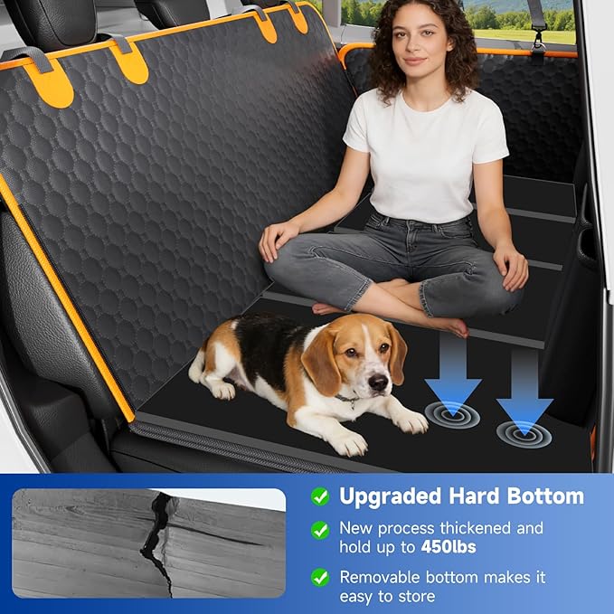 Dog Car Seat Cover for Back Seat Waterproof Oxford Fabric, Hard Bottom Seat Extender, Scratchproof, Anti-Slip, Dog Hammock for Car with Mesh Window, Fit Full Size Truck, Black Orange
