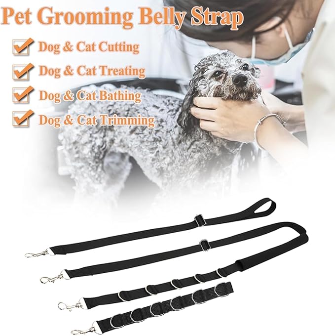 ASOCEA Dog Grooming Belly Strap Dogs Grooming Table Arm Extender Loop with D-Rings Adjustable Bathing Restraint Leash No Sit Haunch Holder for Small & Medium Dog Cat Hair Cutting Washing (Black)