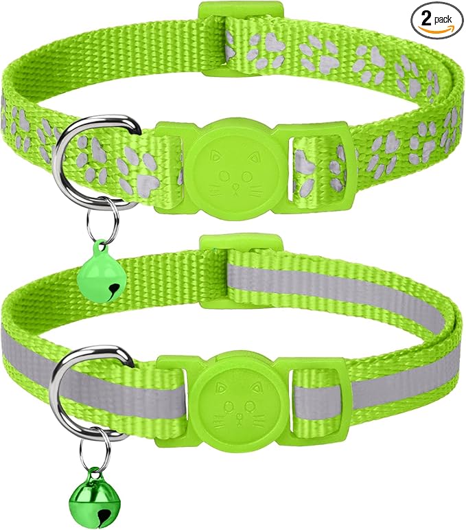 Taglory Reflective Cat Collar Breakaway with Bell, High Visibility Night Strip, Lightweight Adjustable Nylon Collar for Boy Girl Cats, 2 Pack, 7.5-12.5 Inch, Green