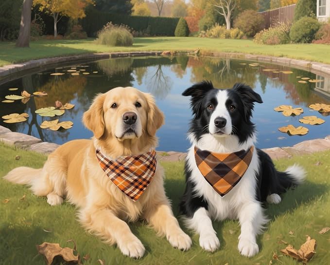 Fall Dog Bandanas 2PCS-XLarge,Halloween Dog Bandana,One Side Orange Plaid,The Other Side Pumpkin or Spider Web Bibs,Holiday Pet Scarf for Boy and Girl Dogs,Thanksgiving Pet Outfit for Extra Large Dogs