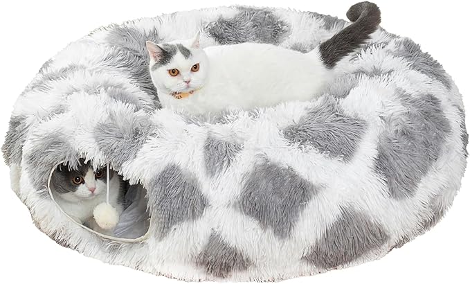 Warm Fluffy Plush Cat Tunnel Bed with Washable Cushion- Big Tube Playground Toys 3 FT Diameter Collapsible, for Indoor Cat Kitty Kitten Puppy Rabbit Ferret Gray-White Diamond Pattern
