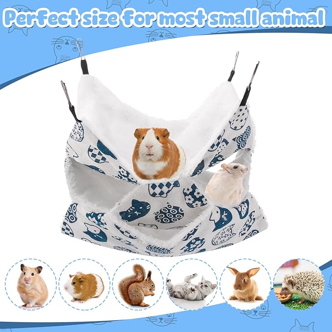 2Pcs 3-Layer Guinea Pig Hammock, Soft Arctic Fluff Linen Small Animal Hanging Bed with 4 Metal Hook, Washable Warm Cage Hammock for Hamster Rat Guinea Pig Ferret Chinchilla Sugar Glider